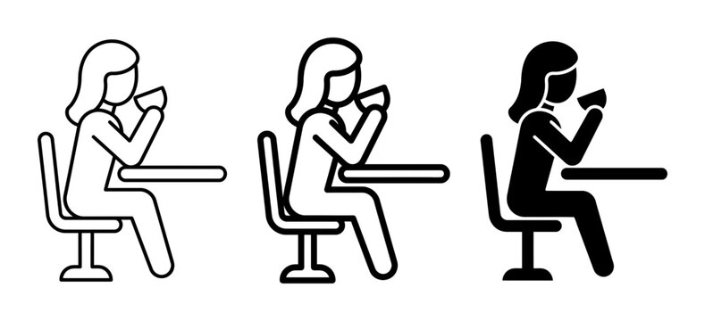 Woman Drinking Coffee Icons, Person Sitting at Table, Simple Line Art and Silhouette Styles