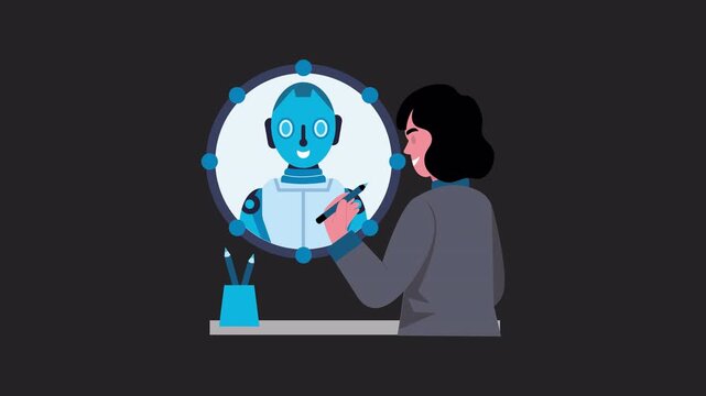Ai helping a girl sketch  2D Animation on Transparent Background