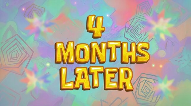 A playful 2D animated text card featuring the words "4 Months Later" written in a bold, tropical cartoon font over a colorful moving background, inspired by classic Spongebob time transitions. Perfect