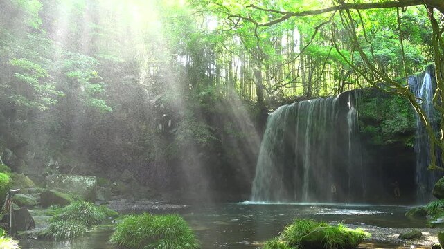 鍋ヶ滝の木漏れ日と光芒