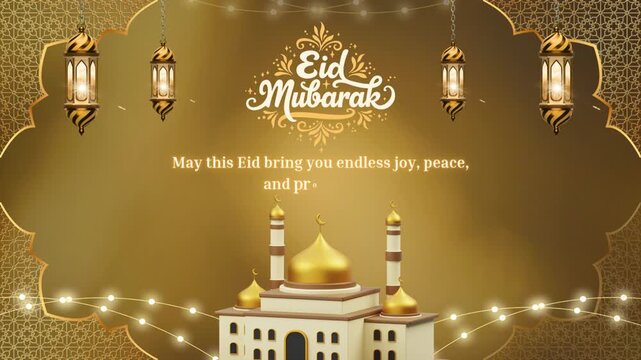 Eid al adha mubarak gold text animation featuring a glowing light transition across elegant metallic masjid, lettering in high quality religious celebration motion design graphic video greeting card