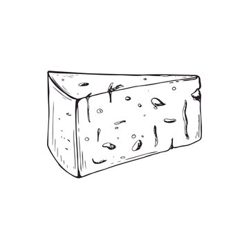Piece of Swiss cheese with holes vector illustration in engraving style. Hand drawn blue cheese chunk sketch. Healthy food for restaurant menu, culinary design and grocery store advertising concept.