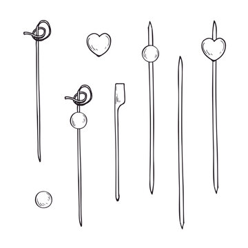 Set of bamboo food skewers with decorative tops linear drawing. Cocktail sticks for appetizers and garnishing clip art vector sketch. Hand drawn illustration of wooden picks for culinary.