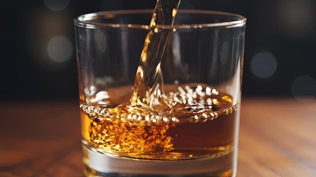 Amber liquid pouring into a clear glass creating a splash.