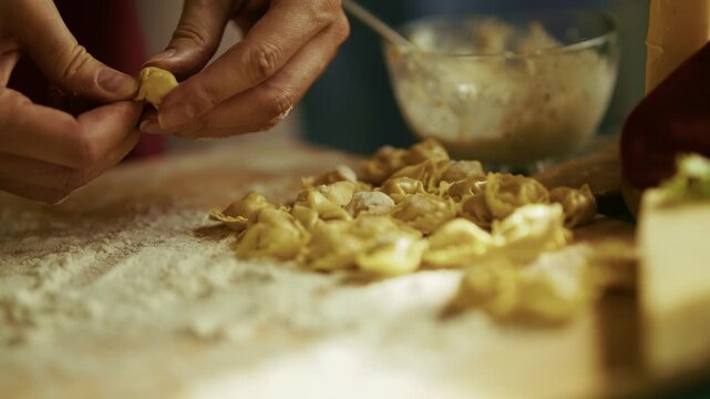 Cook Hands Shaping Dough Making Raw Dumplings On Wooden Board. Process Of Sculpting Homemade Italian Tortellini Or Ravioli In Kitchen