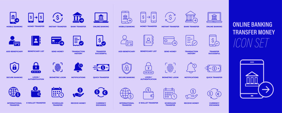 Online banking icon set with money transfer, mobile payment, digital wallet and finance line icons in monochrome blue style