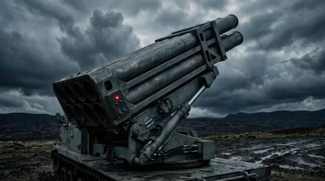 Military rocket launcher vehicle in a desolate landscape under stormy sky