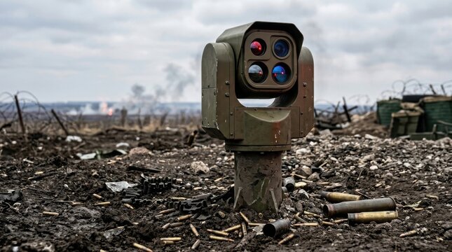 Military surveillance camera system installed on a modern battlefield zone