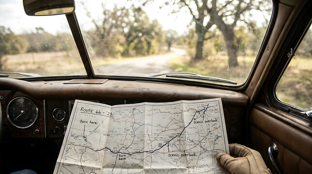 Hand holding a vintage Route 66 map while driving on a scenic road