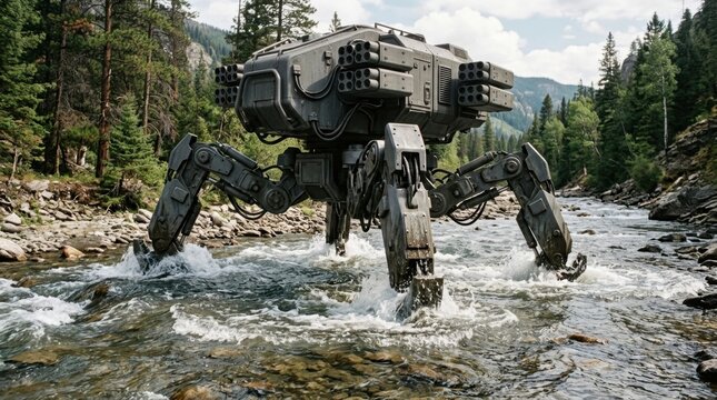 Futuristic heavy combat walker robot wading through a mountain river
