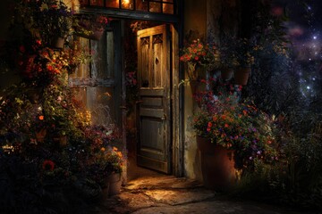 Fototapeta premium Charming Flower-Filled Cottage Entrance at Night