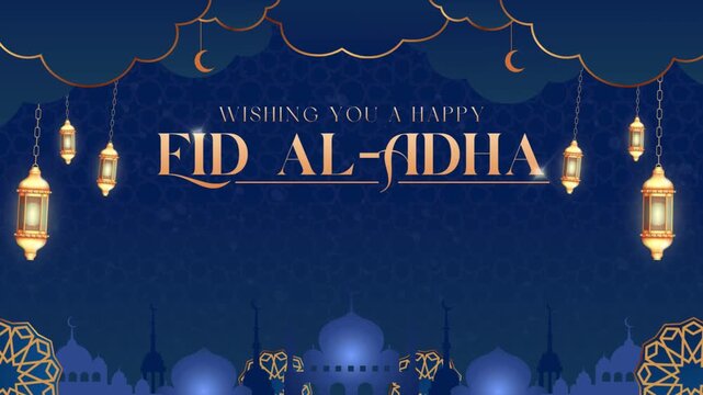 This luxurious dark blue composition features intricate golden Islamic geometric patterns, mosque, clouds, moon, creating an elegant and festive visual suitable for a sophisticated Eid al adha post.
