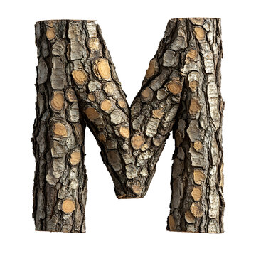 Top view of a 3D letter M made of pine tree bark isolated on a white transparent background