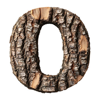 Top view of a 3D letter O made of pine tree bark isolated on a white transparent background