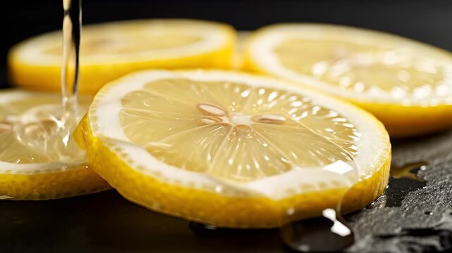 Closeup of fresh lemon slices with water being poured.