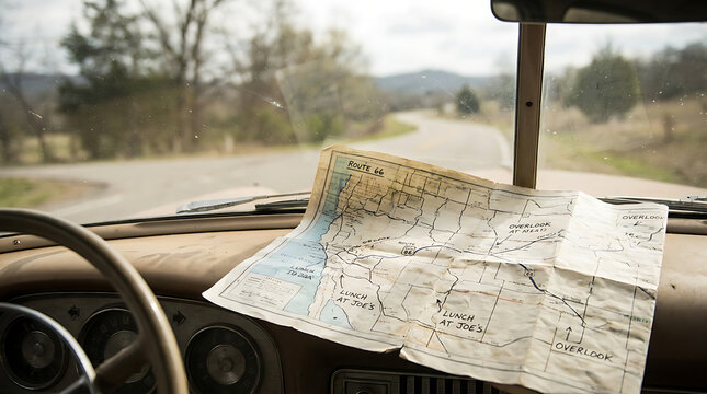 Vintage Route 66 map spread across a car dashboard on a scenic road trip