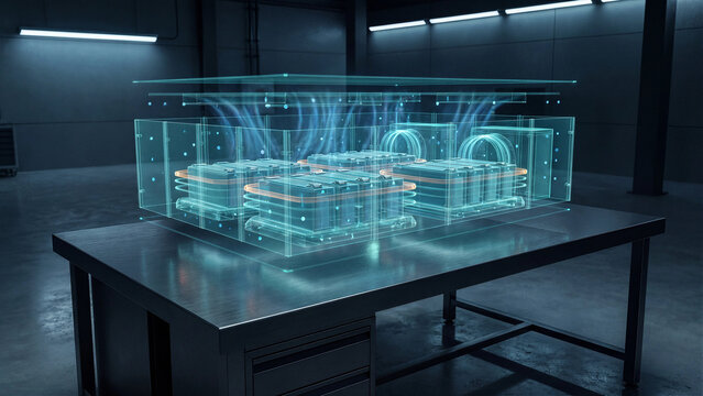 Futuristic holographic glass display on industrial workshop desk showing battery thermal management system with cooling airflow streams and lithium cells showcasing electric vehicle technology concept