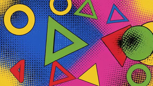 Vibrant animated retro 80s pop art background featuring colorful geometric shapes, halftone patterns, and dynamic movement.
