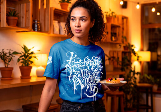 Woman holding dessert wearing blank t shirt