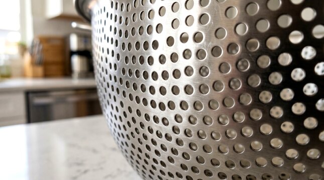 Close-up view of a stainless steel kitchen grater on a marble countertop