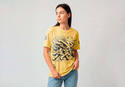 Woman wearing blank t shirt mockup