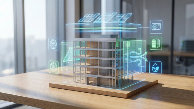 Miniature modern office building model on wooden desk with rooftop solar panels and floating holographic icons showing meter battery ventilation and eco leaf symbols for smart energy efficiency concep
