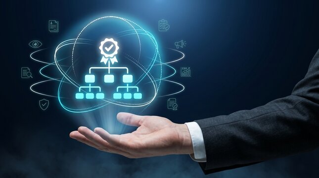 Corporate governance, compliance and quality management concept with organizational hierarchy hologram over businessman hand