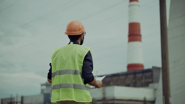Engineer Looking At Power Plant. Supervising Infrastructure Generation Station. Electrical Energetics Management Construction Project Industry