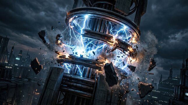 Futuristic tower exploding with electrical energy in a dark city