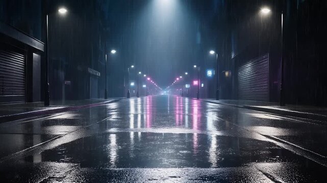 雨に濡れたアスファルトにスポットライトが反射するループ