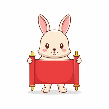 Cute cartoon rabbit holding a red scroll