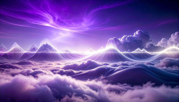 Abstract futuristic soundwaves morphing into glowing clouds against a dark purple cyber sky background with copy space