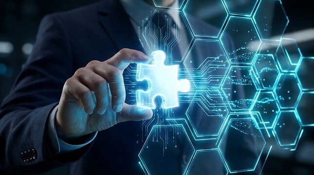 Businessman's hand holds glowing puzzle piece integrating into futuristic digital honeycomb network, symbolizing technological integration and problem-solving in business.