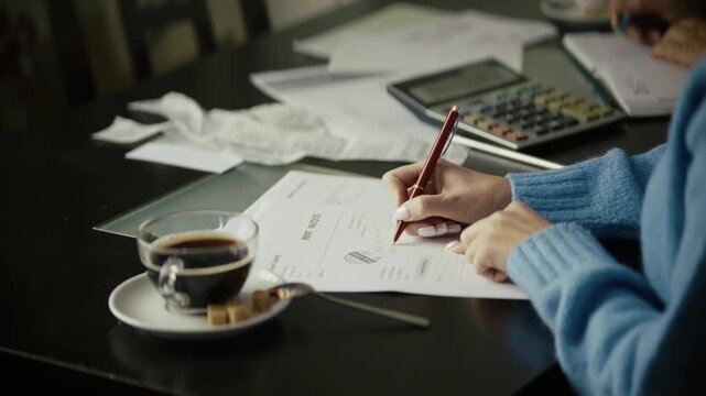 Accountant Checking Financial Documents And Writing On Invoice Form. Count Family Budget Expenses With Calculator. Managing Personal Finance 