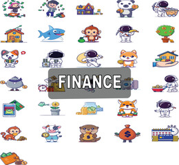 Obraz premium A collection of various finance icons, including currency symbols, graphs, and calculators, representing financial concepts.