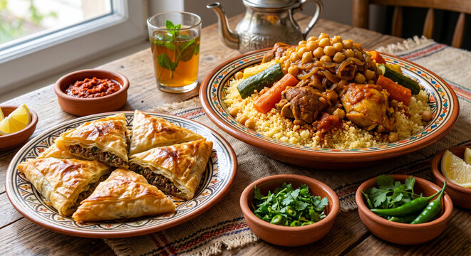 Algerian Couscous Meat Stew and Crispy Bourek Pastry Feast Stock Photo 8K