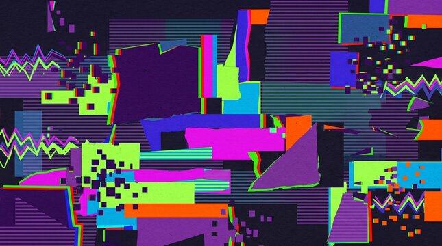 A digital 2D illustration featuring a chaotic abstract glitch pattern with distorted pixelated rectangles and sharp geometric fragments. The color scheme features high-contrast neon shades of magenta,