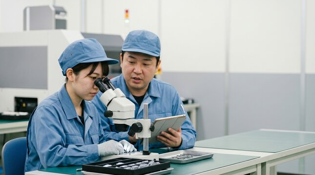 製造業の現場で顕微鏡を使った部品検査を学ぶ若手女性作業員と、タブレットを見せながらOJT育成を行う男性指導者