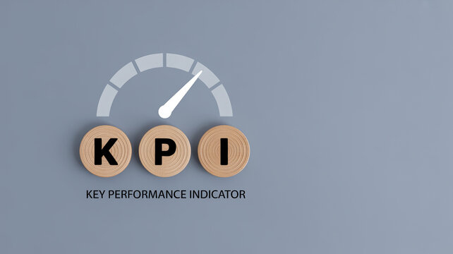 A speedometer-like gauge and wooden letter blocks spelling 'KPI' with the text 'KEY PERFORMANCE INDICATOR' represent business metrics and performance measurement.