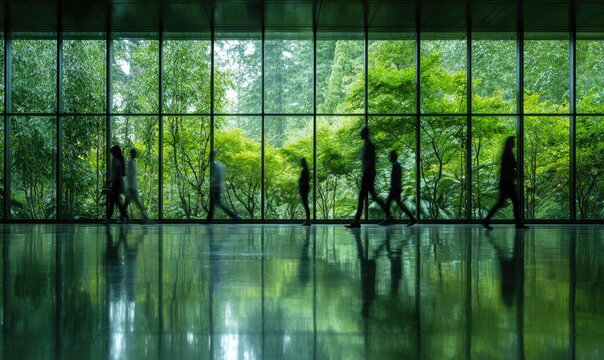 Silhouettes of people walking past a lush green forest through windows