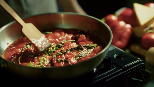  Stirring Tomato Sauce With Wooden Spatula In Pan. Fresh Italian Pasta Gravy With Basil. Italian Cuisine