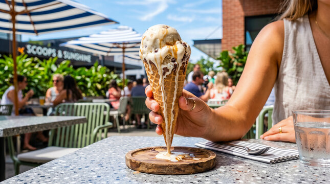 Helado derriti&eacute;ndose bajo el calor del verano en una composici&oacute;n moderna y comercial.