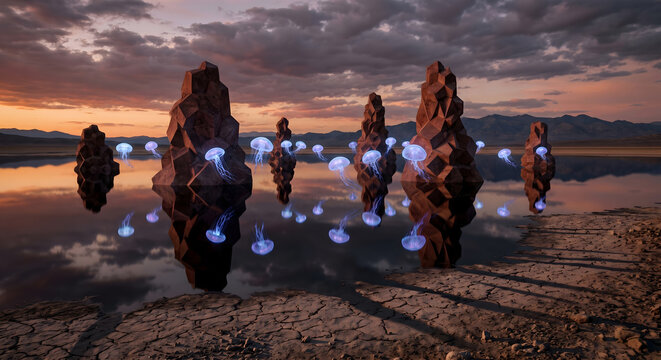 Floating glowing jellyfish reflection desert landscape