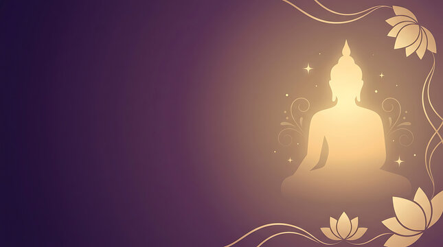 Golden Buddha Silhouette Meditating Peacefully with Lotus Flowers, Spiritual Enlightenment Background