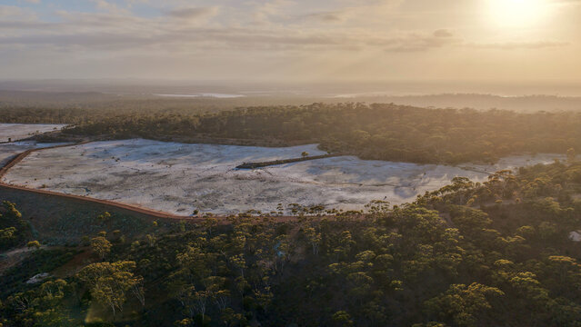 Norseman, Western Australia &ndash; 4K Aerial Drone Footage of Mining Site, Lake, Forest and Remote Australian Outback Landscape at Sunrise 