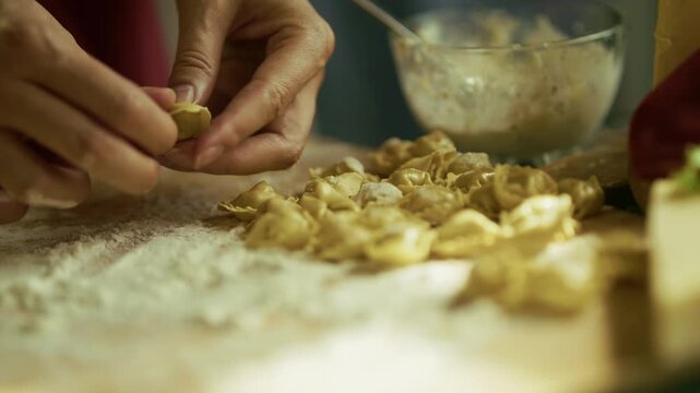 Making Handmade Tortellini And Ravioli. Dough Meat Filling Process. Homemade Food 