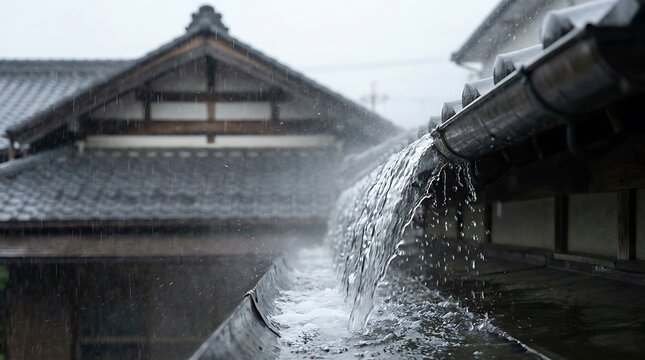 Heavy rain pouring into a gutter system on a traditional japanese house with downpour torrential disaster building architecture traditional japanese drainage seasonality overcast movement