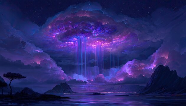 Ethereal violet storm clouds pour light beams onto a serene, reflective landscape