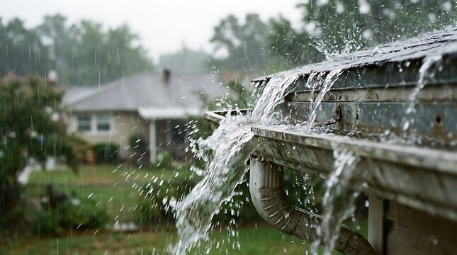 Heavy rain overflowing from residential house gutter during storm with bad weather overflowing downpour residential building property drainage maintenance environment exterior protection