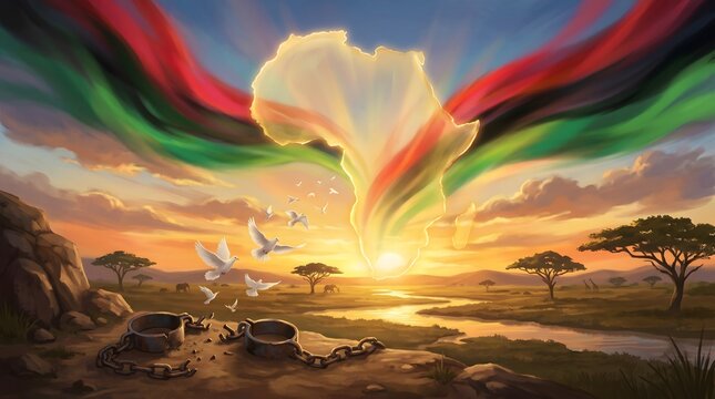 Symbolic map of africa with broken chains and flying doves